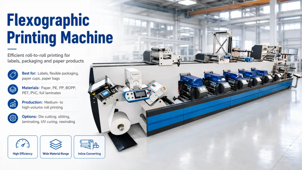 flexographic printing machine of the most widely used industrial printing technologies for labels, flexible packaging, paper products, bags, cups, films, and other roll-fed materials.